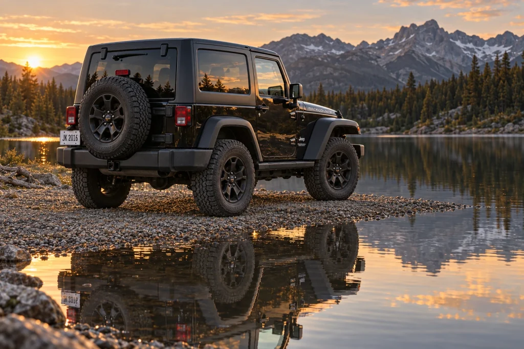 Black two-door Jeep Wrangler JK parked at the edge of a still lake at sunset