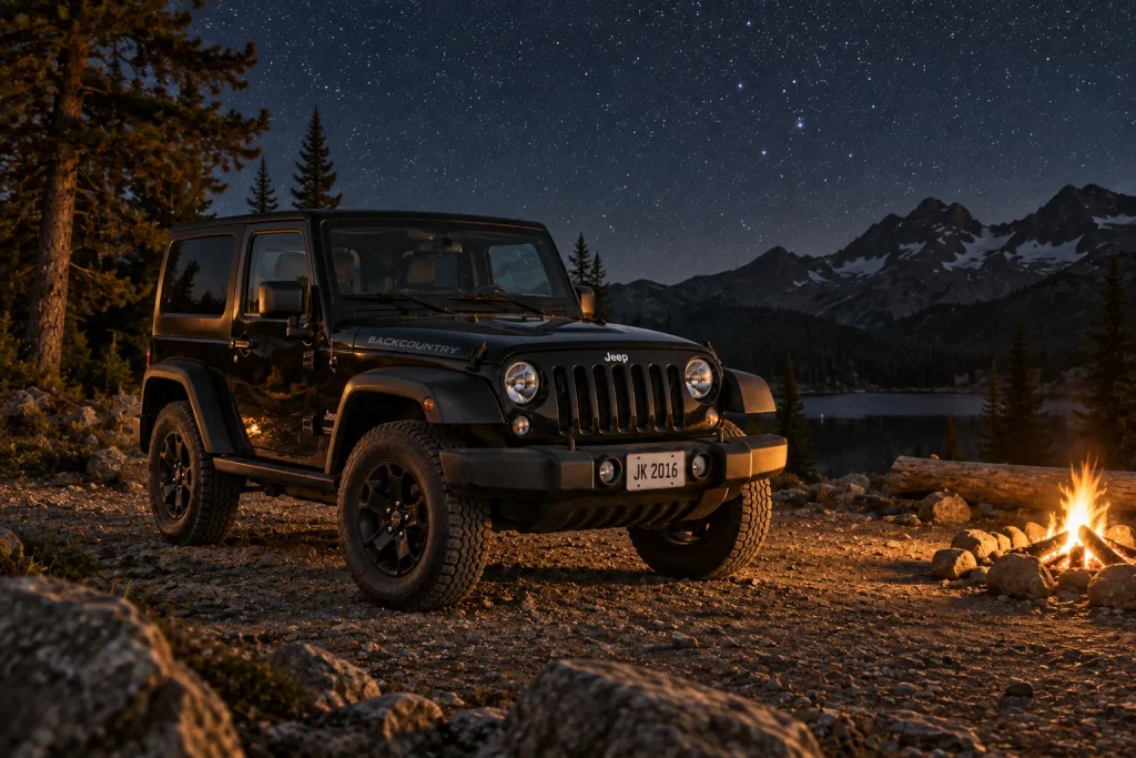 Black two-door Jeep Wrangler JK parked on rocky ground at night under a starry sky